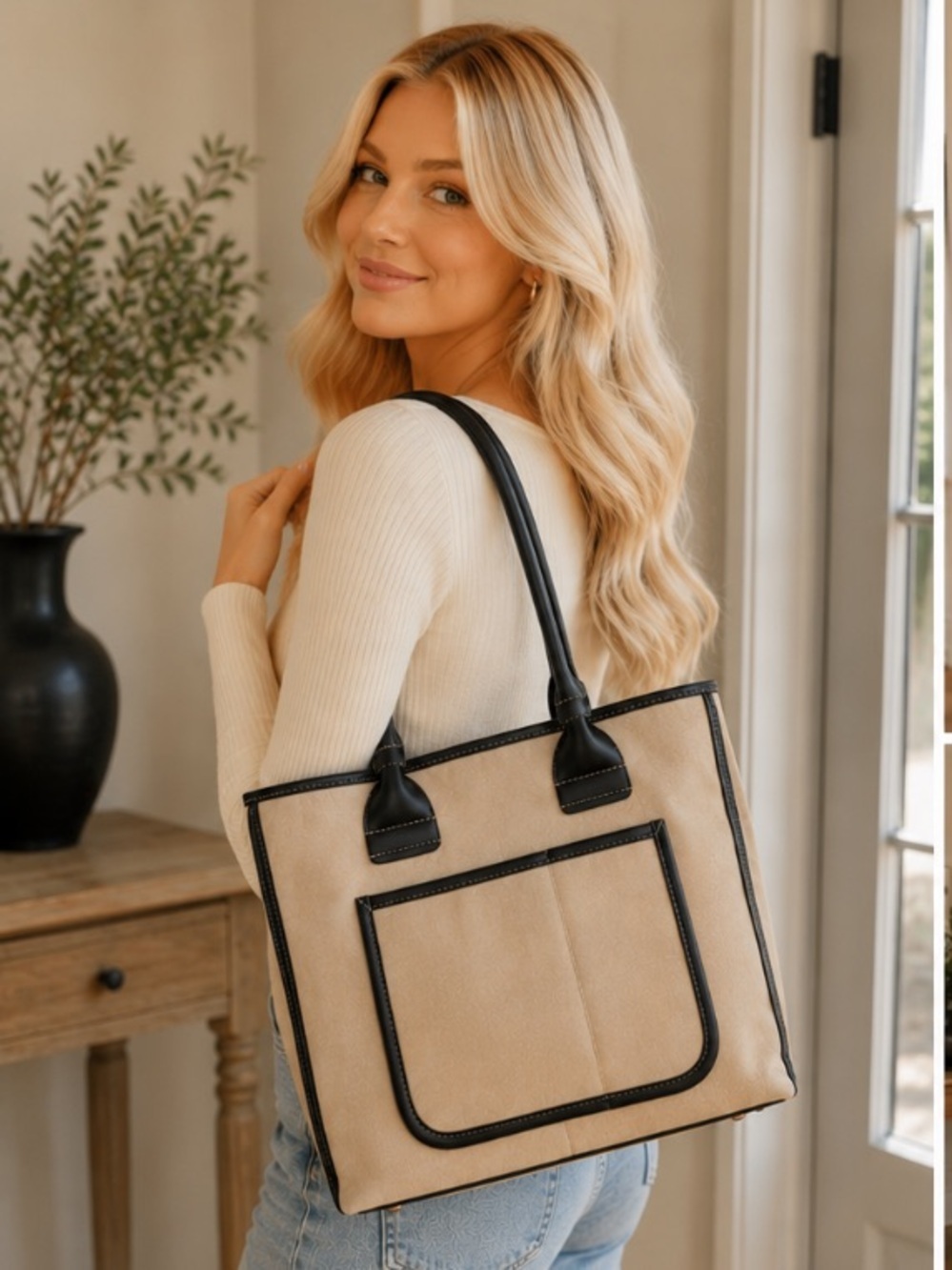Saks Fifth Avenue Faux Suede Tote Beige Black Structured Shopper Bag travel